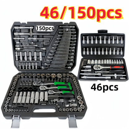 46/150-Pcs Tool Kit, Includes High-Quality, Durable, and Easy-to-Use 1/2”, 1/4”, 3/8” SAE and Metric Sizes, Sockets, Ratchet Torque Wrench, and Multi-Function Screwdriver Set - Suitable for Automotive, Home Repairs, Boat, Garage, and Bicycle Trunk