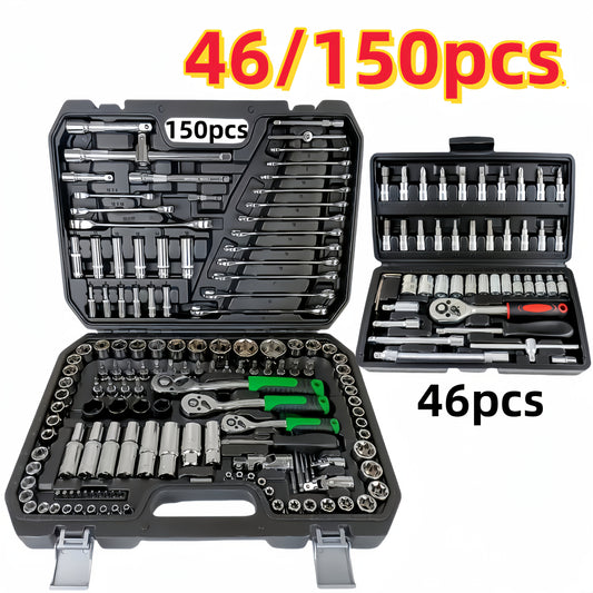 46/150-Pcs Tool Kit, Includes High-Quality, Durable, and Easy-to-Use 1/2”, 1/4”, 3/8” SAE and Metric Sizes, Sockets, Ratchet Torque Wrench, and Multi-Function Screwdriver Set - Suitable for Automotive, Home Repairs, Boat, Garage, and Bicycle Trunk