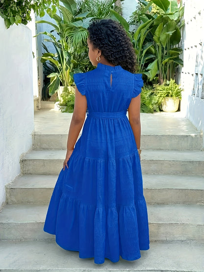 Elegant Long Dress for Teen Girls with Pleated Stand Collar, Ruffled Cap Sleeves, and Belt | Solid Color, Slight Stretch Fabric, Suitable for Casual Outdoor Vacations