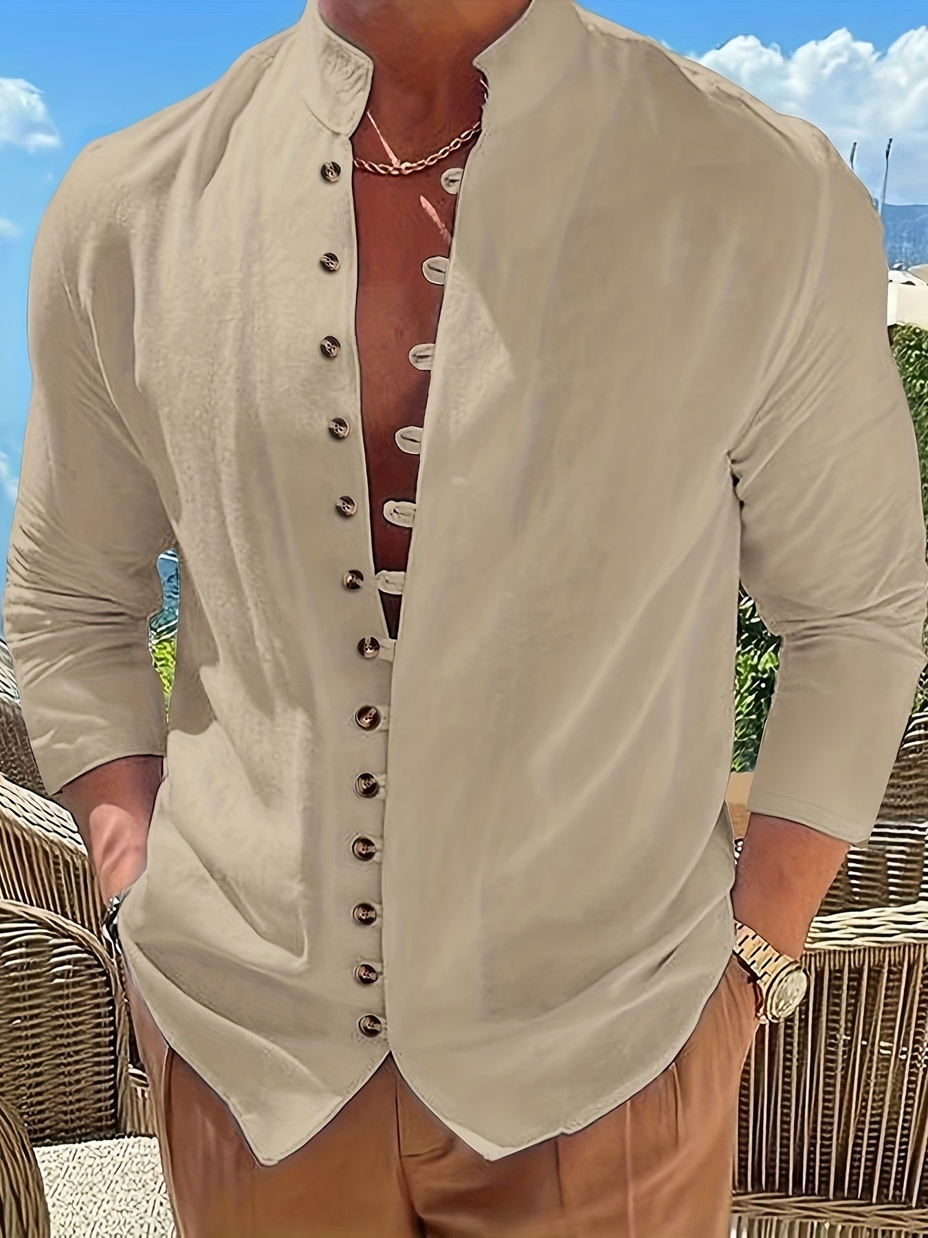 [Retro Casual Shirt] Retro Loose Long Sleeve Round Neck Button-Up Men's Casual Shirt | Gift for Eld, Gift for Ramadan