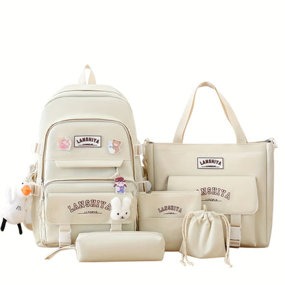 5 Solid Color Backpack Sets, Large Capacity Backpack, Easy Handbag Coin Purse, Casual Crossbody Bag, Pencil Case Handbag, Lightweight Student Schoolbag Set, Free Little Duck Pendant, Free 3 Badges And Little Rabbit Pendant