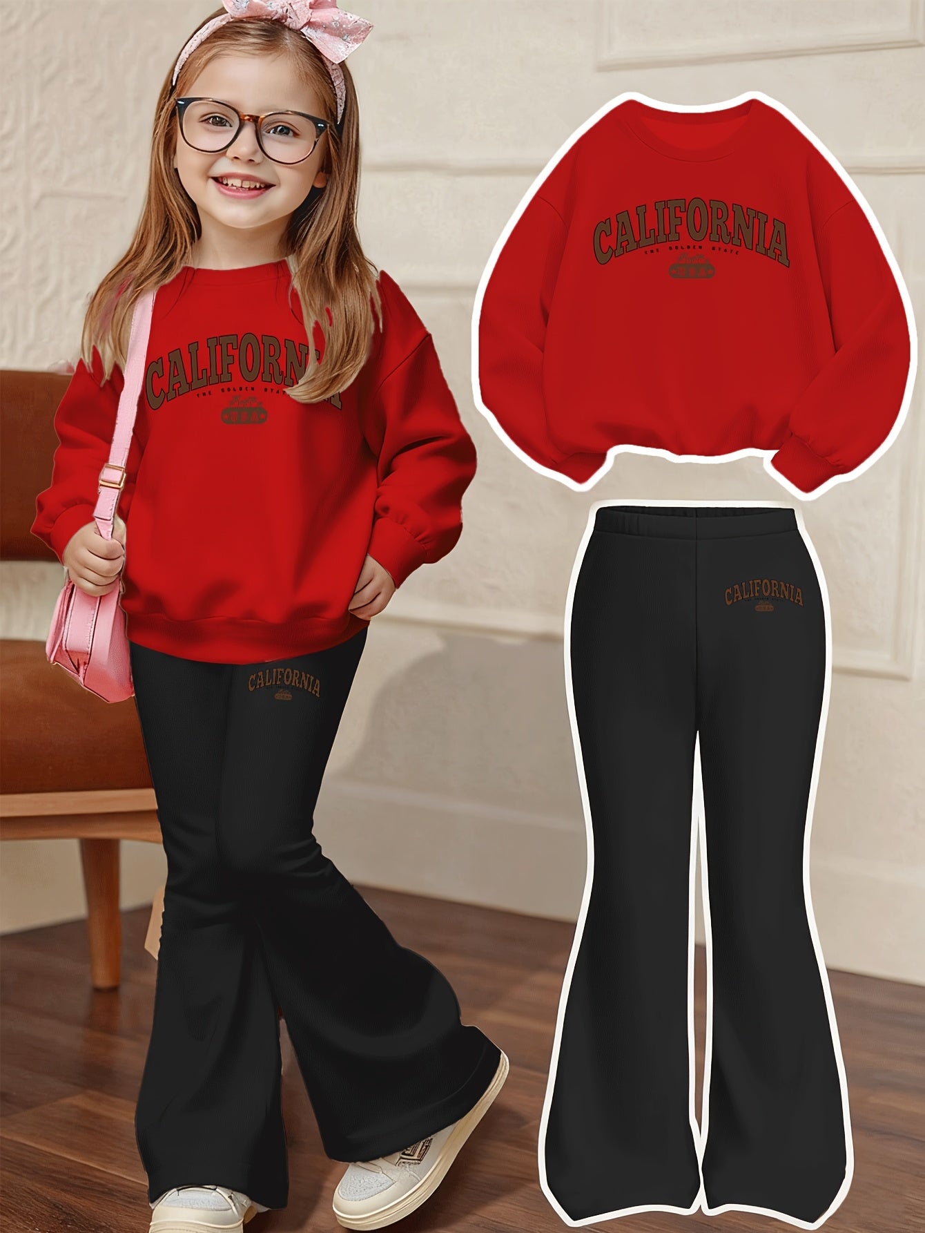 California Letter Print Casual Set, Including a Loose-fit Sweatshirt and Flared Pants, a 2pcs Set Suitable for Children Aged 4-13, Comfortable Autumn and Winter Clothing for Daily Wear and Casual Play. Suitable for Daily and Party Outfits, a 2pcs Set
