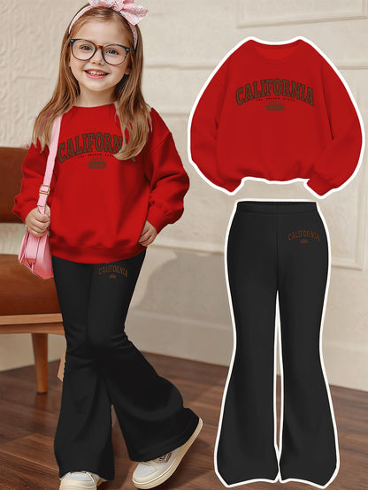 California Letter Print Casual Set, Including a Loose-fit Sweatshirt and Flared Pants, a 2pcs Set Suitable for Children Aged 4-13, Comfortable Autumn and Winter Clothing for Daily Wear and Casual Play. Suitable for Daily and Party Outfits, a 2pcs Set