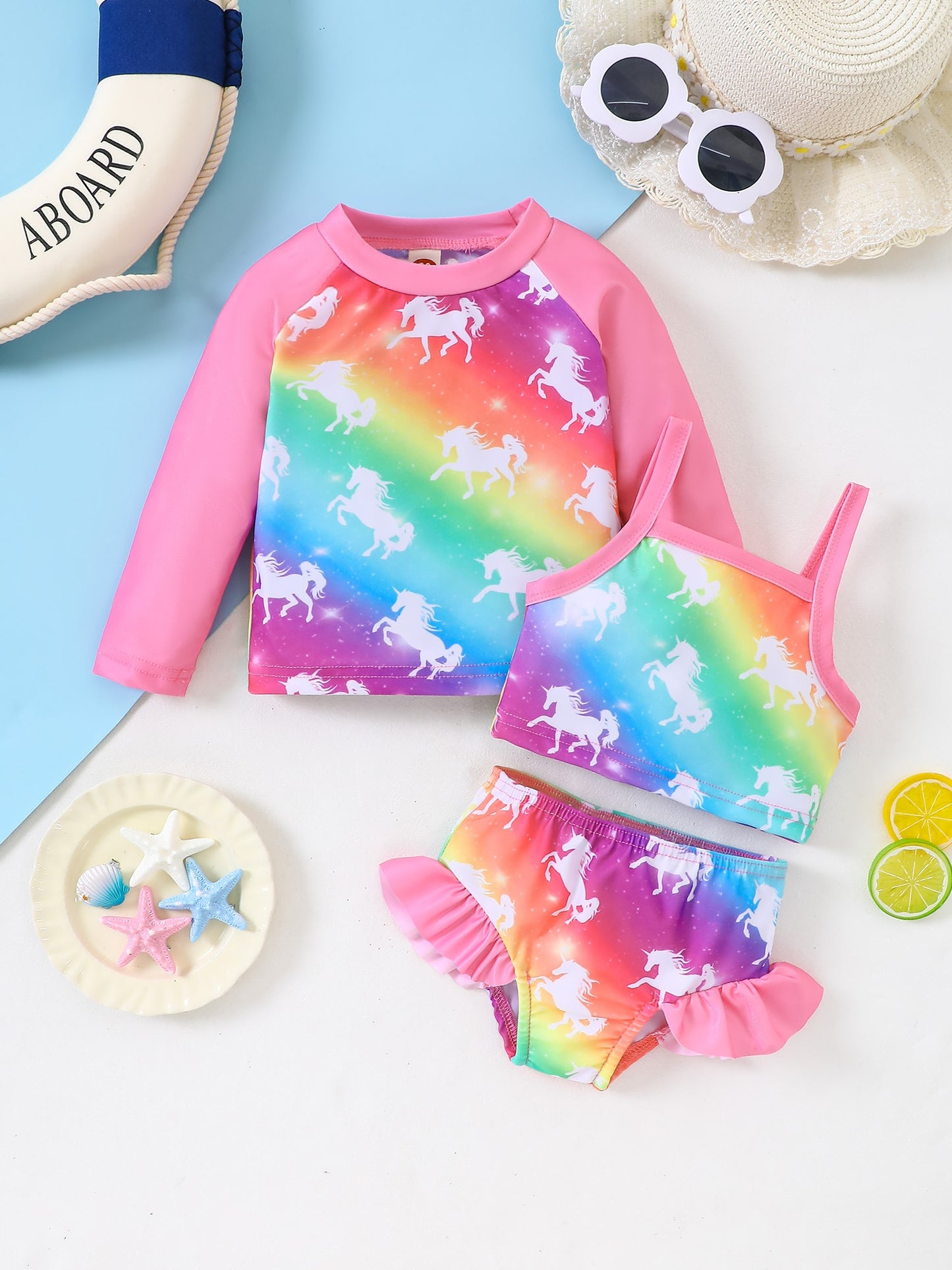 Girls' Fashion Swimsuit Set, Three-Piece Mermaid Rainbow Horse Rainbow Fish Scale, Cover-Up Camisole Shorts Bikini Split Set
