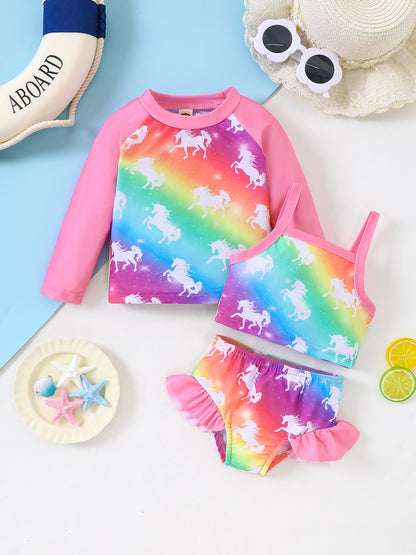 Girls' Fashion Swimsuit Set, Three-Piece Mermaid Rainbow Horse Rainbow Fish Scale, Cover-Up Camisole Shorts Bikini Split Set