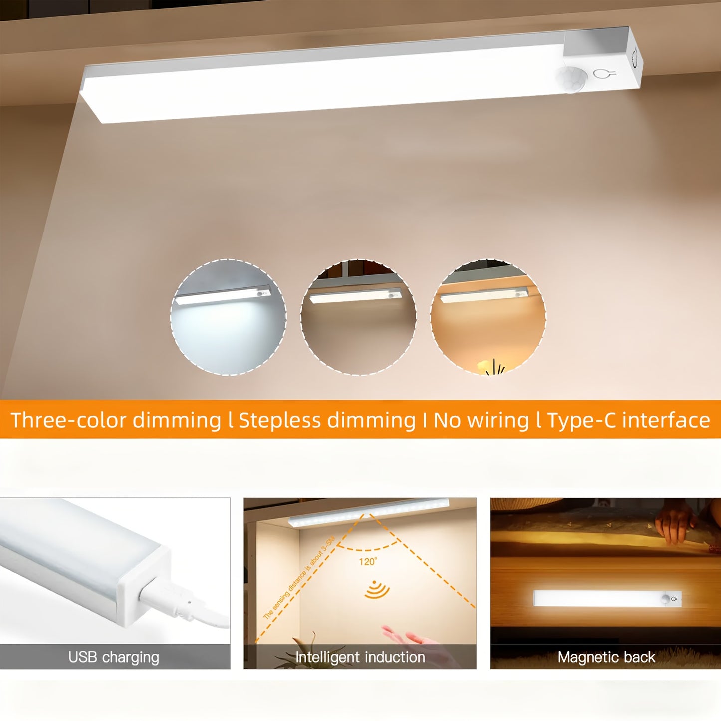 NBBUFF Motion-Activated LED Light Featuring Three Color Temperatures, Adjustable Brightness, a 360° Panoramic Human Sensor, And USB Rechargeable Capabilities. Ideal for Use in Bedrooms, Beside Beds, on Stairs, in Cabinets, And on Desks