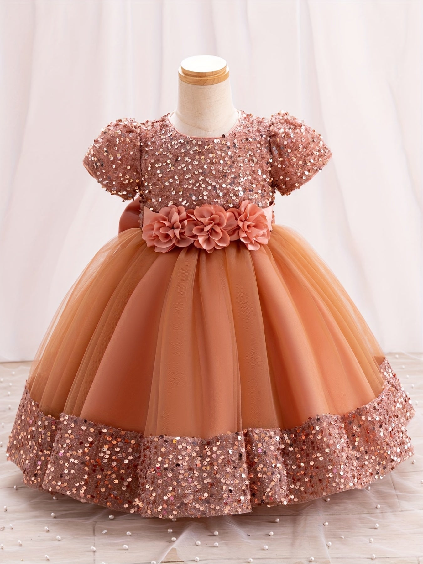 Sequined Children's Gown with Puffy Tulle Princess Dress for Baby Girl's First Birthday Party