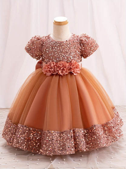 Sequined Children's Gown with Puffy Tulle Princess Dress for Baby Girl's First Birthday Party