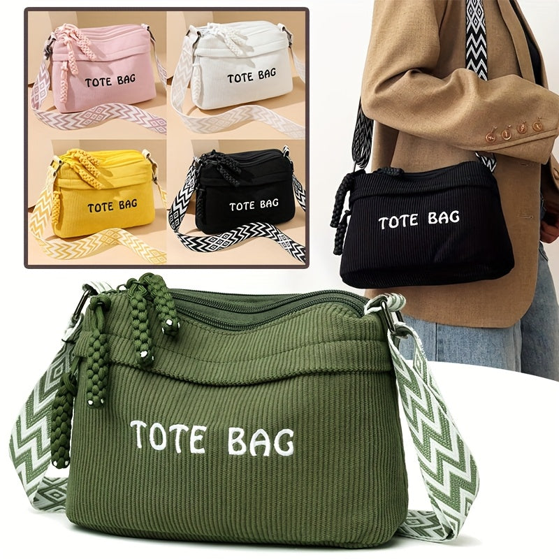 Fashion Corduroy Tote Bag with Letter Print, Multi-compartment Multiple Zippers Adjustable Strap, Ideal for Daily Use Shopping & Outings, Great Gift Option