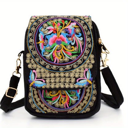 [Embroidered Crossbody Bag] Women's Embroidered Crossbody Bag - Mini Shoulder Bag - Portable Double-Layer Wallet - Phone Pouch