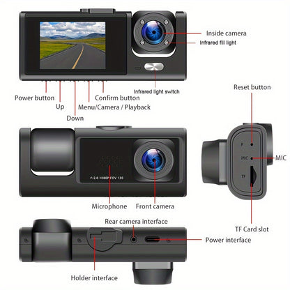 GYIOEUPT Dual Camera / 1080P Front & 480P Built-in Camera / Infrared Night Vision / 2 Inch IPS Screen / Wide Angle / Dual Lens / Universal Fit
