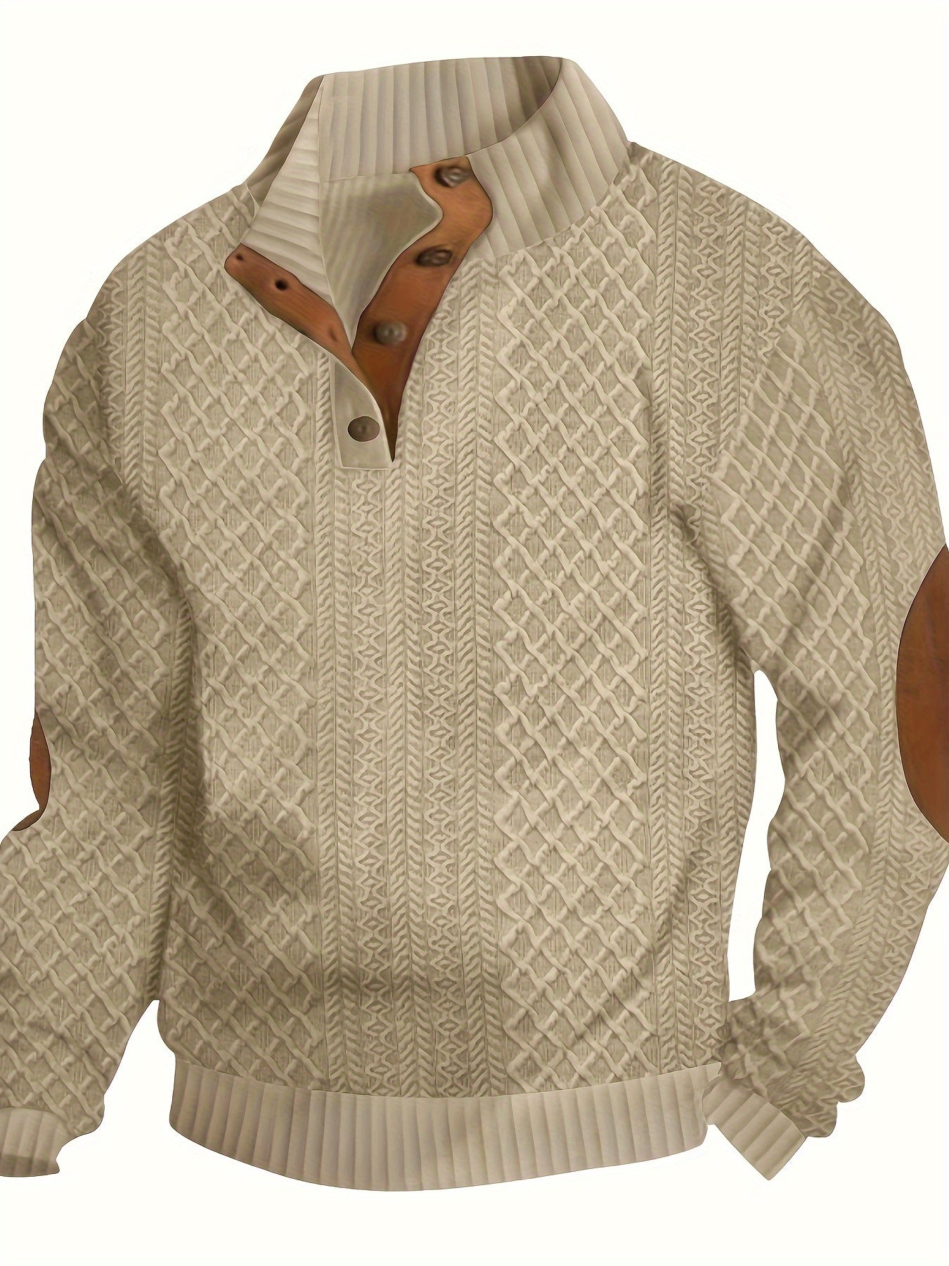 [Casual | Sports] Gray Men's Casual Sports Sweatshirt | Diamond Pattern Knitted Jacquard, Stand Collar, Long Sleeve, Stretch Fabric, Button Detail with Orange Accents