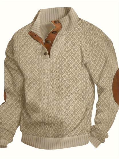[Casual | Sports] Gray Men's Casual Sports Sweatshirt | Diamond Pattern Knitted Jacquard, Stand Collar, Long Sleeve, Stretch Fabric, Button Detail with Orange Accents