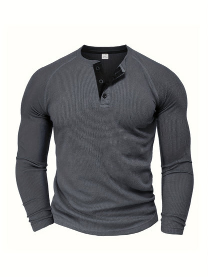 Men'S Long-Sleeve T-Shirt with a Round Neck, Pullover Henley Shirt, Solid Color, Stylish And Versatile Top, Selected by Pearson