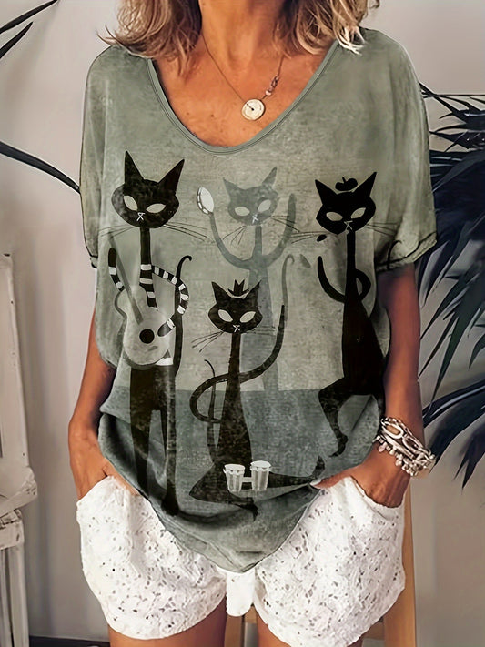 Vibrant Cat Print V-Neck Short Sleeve T-Shirt - Soft Micro Elasticity Polyester Fabric, Machine Washable, Casual Animal Pattern Top for Women - Perfect for Spring and Summer Season