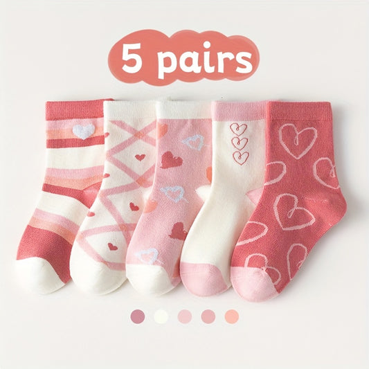 5 Pairs of Heart-Patterned Socks for Girls