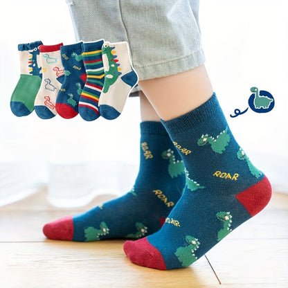 5 Pairs of Cartoon Dinosaur 5 Pairs of Boys Casual Fashion Knitted Breathable Sailor Socks Print Socks Socks, Boys Socks