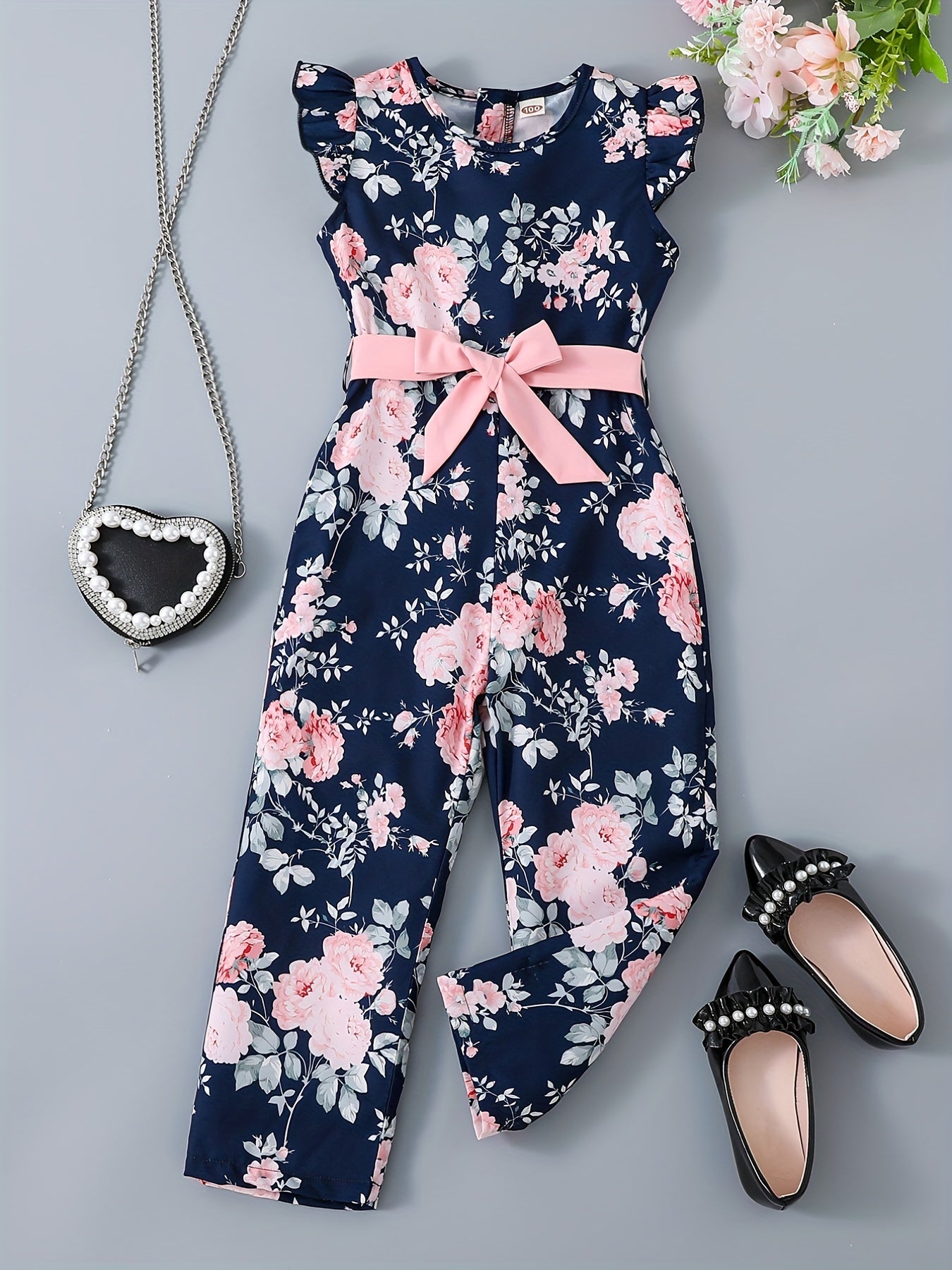 Girls' Casual Jumpsuit, Sleeveless Round Neck with Floral Print, Back Zipper Design with Belt, Perfect for Outdoor Activities, Summer Fashion
