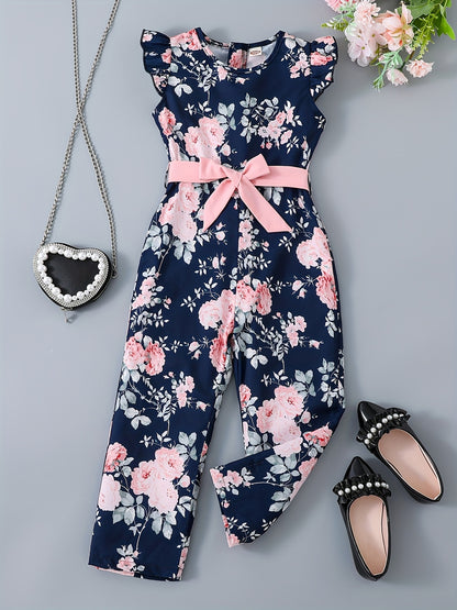 Girls' Casual Jumpsuit, Sleeveless Round Neck with Floral Print, Back Zipper Design with Belt, Perfect for Outdoor Activities, Summer Fashion