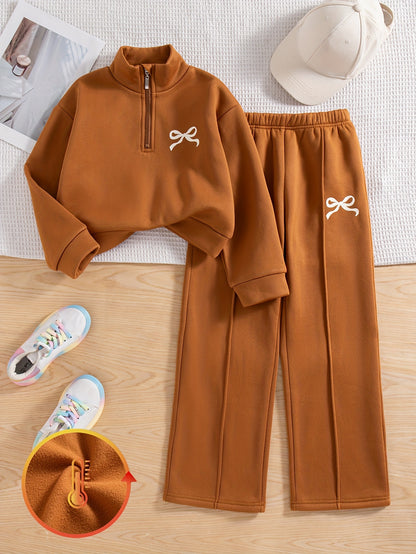 Girls' Daily Casual Outing Fashion Printed Bow Pattern Drop Shoulder Stand Collar Long Sleeve Sweatshirt and Long Pants 2pcs Set, Large Sweatshirt and Long Pants Set for Girls, Autumn/Winter, Perfect for Outdoor