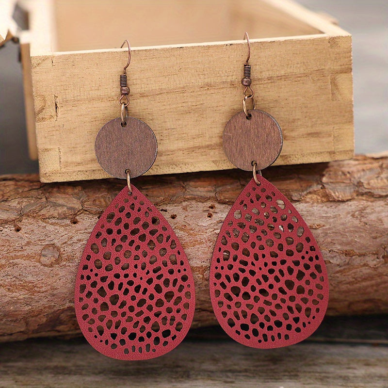 Vintage Style Hollow-Out PU Leather Drop Earrings, Iron Post, Non-Feather, for Daily Wear & Gifting, Versatile Jewelry | Vintage Earrings | Iron Ear Hooks, Novelty Earrings