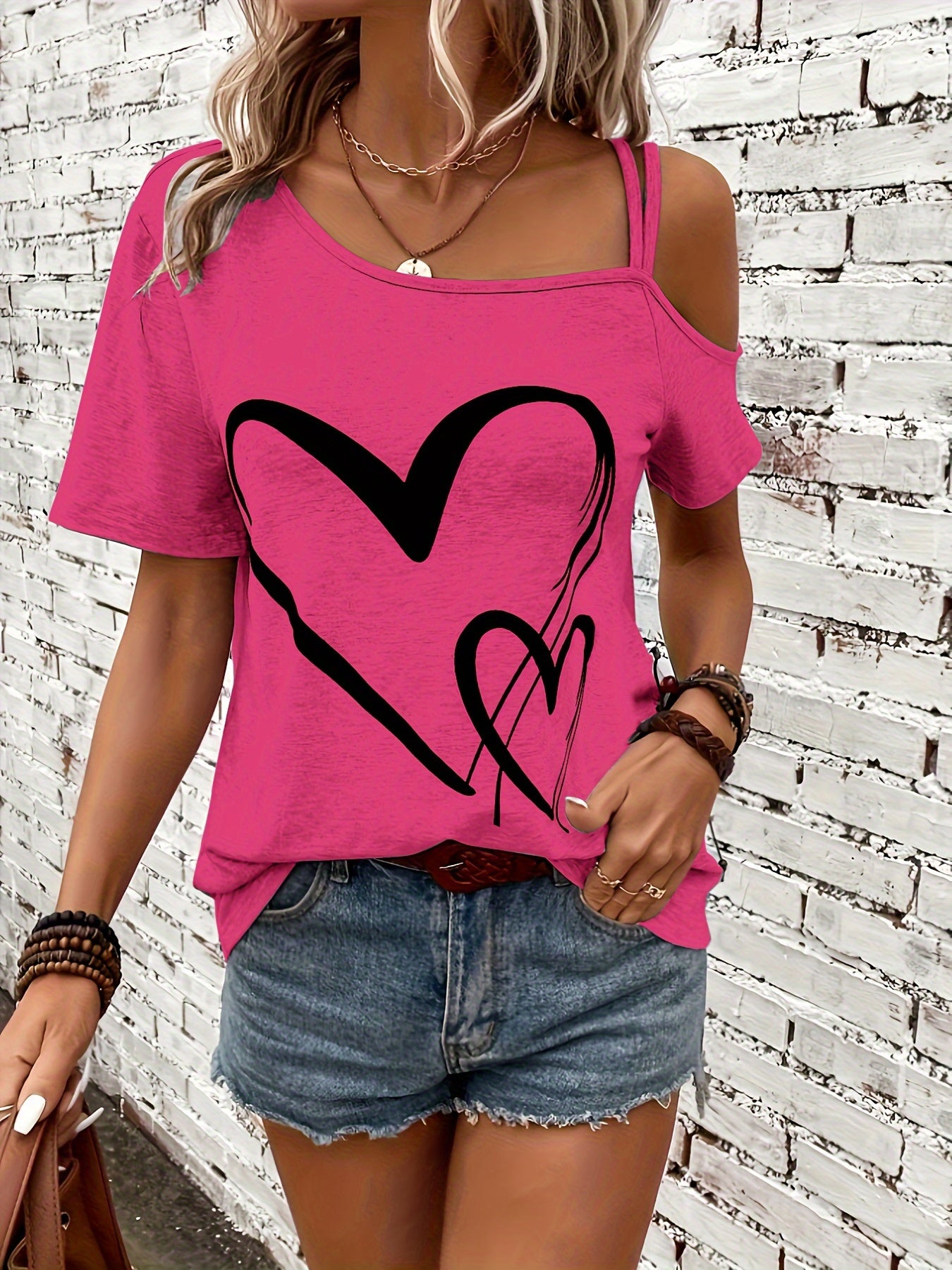 Heart Print One Shoulder T-shirt, Elegant Short Sleeve Top For Spring & Summer, Women's Clothing