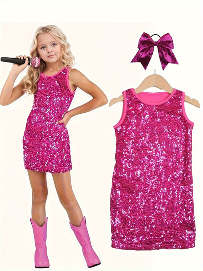 [2pcs Sparkly Sequin Dress] 2pcs/set Sparkly Sequin Sleeveless Dress for Girls | Fashionable Princess Party Gown with Hair Tie | 3-14Y (Dress + Headband)