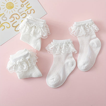 3pairs Baby Girls Lace Trim Socks, Breathable Comfortable Princess Socks for Infant Newborn Toddlers