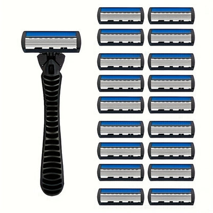[Manual Razor Set] 6-Layer Manual Razor Set - Men's Grooming Kit with Non-Slip Metal Handle, Multiple Replacement Blades - Ideal for Beard and Mustache Trimming, Durable Shaver Set, Beard Grooming Kit, Sleek Razor Design