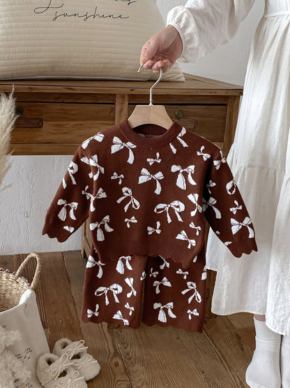 Baby Girl Sweater Set Autumn And Winter Baby Bow All-Over Print Wide-Leg Knit Two-Piece Set, for Outdoor