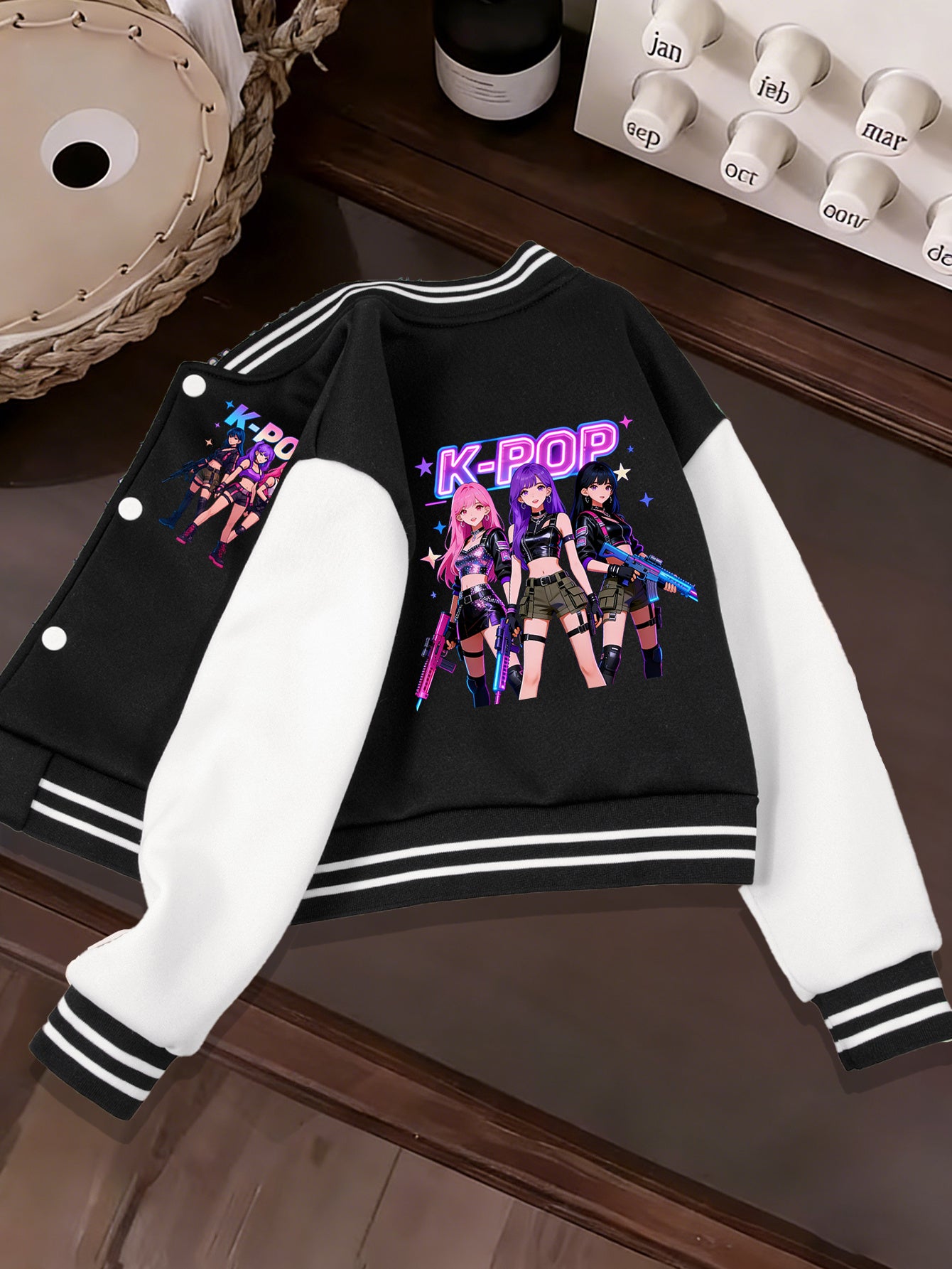 Girls' K-Pop Style Printed Baseball Jacket, Comfortable Everyday Schoolwear, Valentine's Day Pre-Heat Item