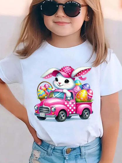 Girls' Easter Bunny Driving with Eggs Short Sleeve T-Shirt - Cute & EASTER Lettering Spring Summer Casual Round Neck Blouse for Easter Egg Hunt Outfits NY-DX5447