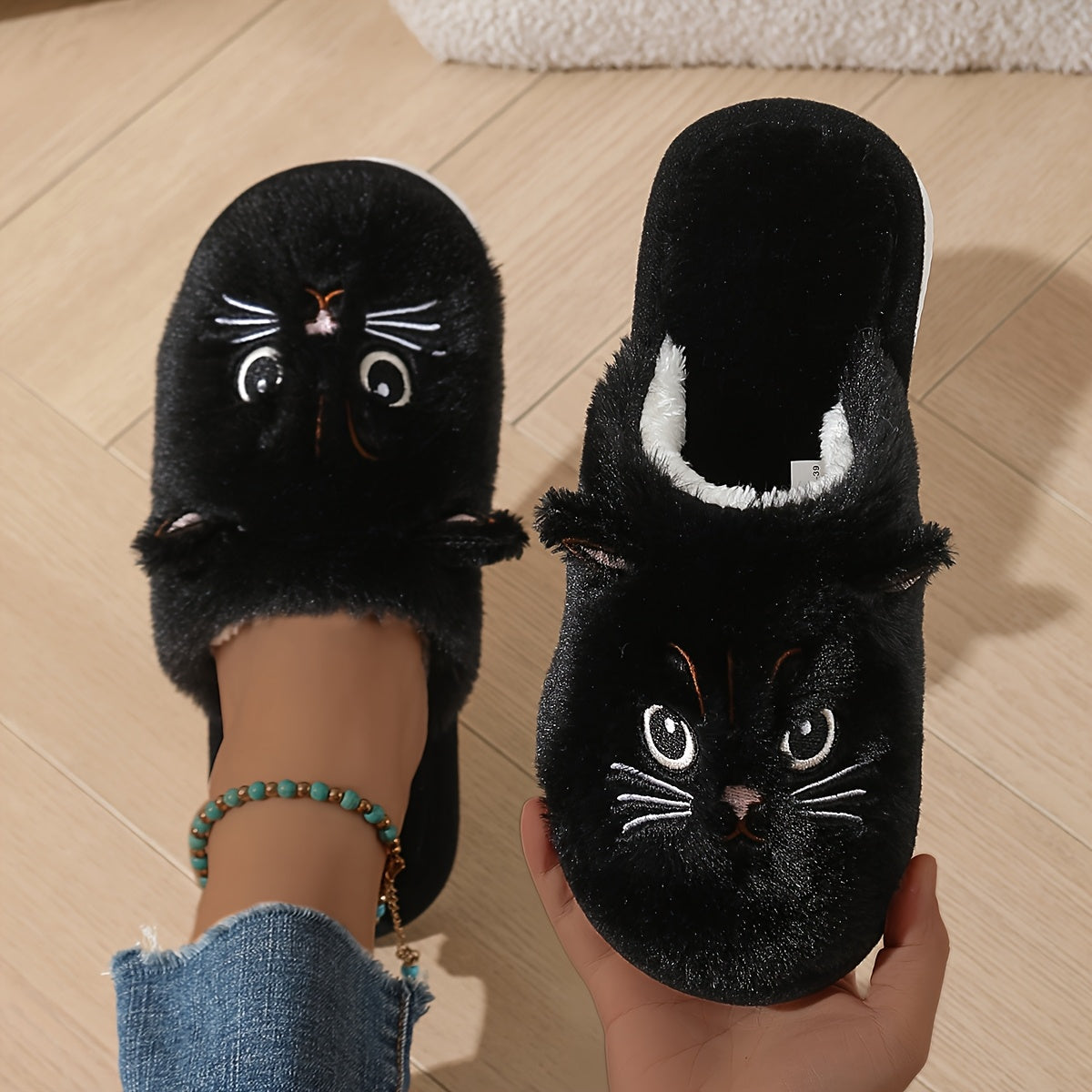 Women's Winter Indoor Home Plush Cat-Themed Warm Soft-Soled Couple's House Slippers, Floor Slippers for Men in Winter, Women Shoes