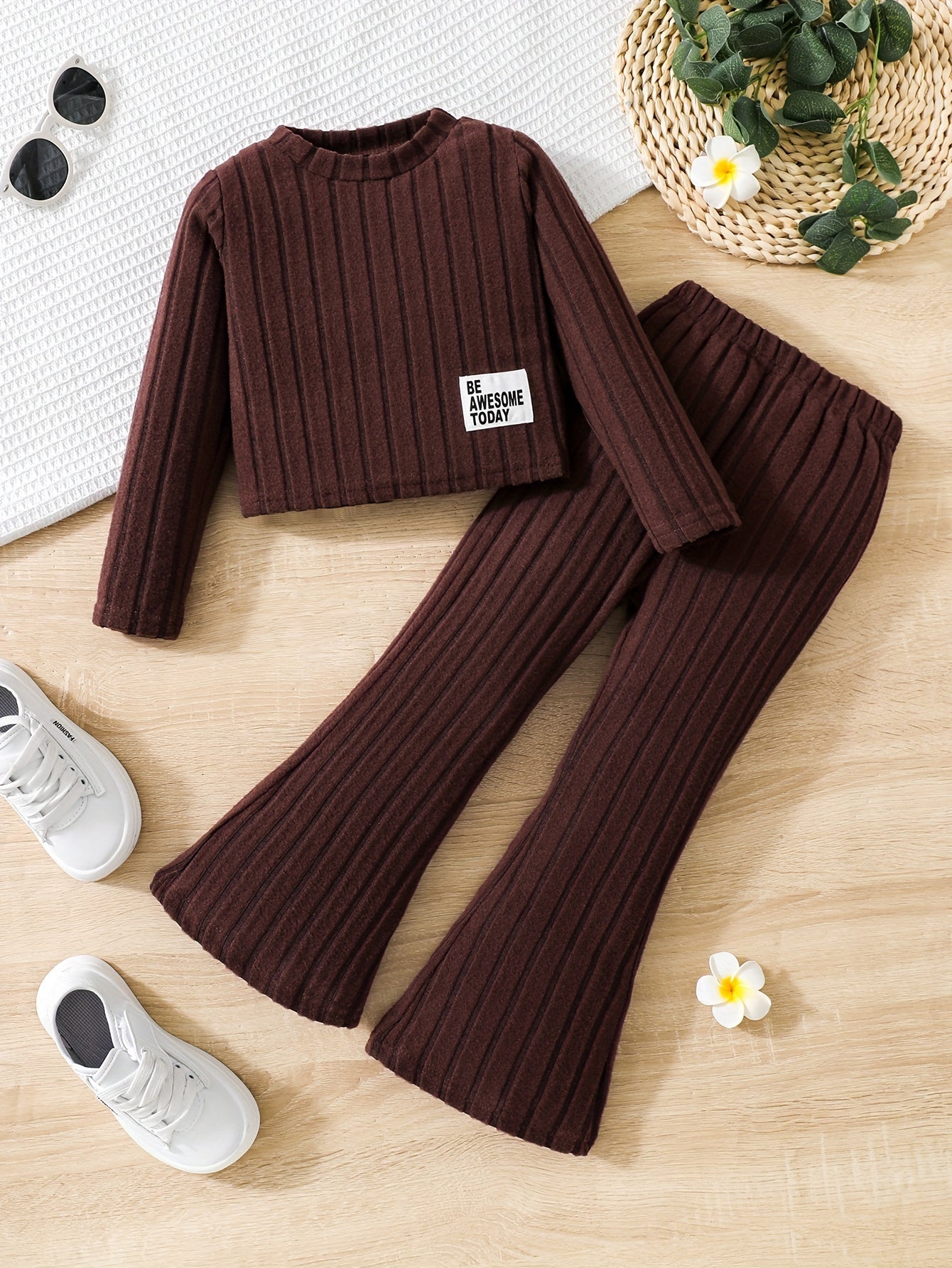 Young Girl Letter Collage Detail T-Shirt And Flared Pants, for Outdoor