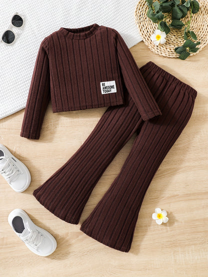 Young Girl Letter Collage Detail T-Shirt And Flared Pants, for Outdoor
