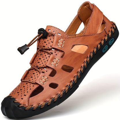 Men's Breathable Hollow Out Sandals, Closed Toe Fisherman Summer Shoes Hiking Beach Shoe Brown Black