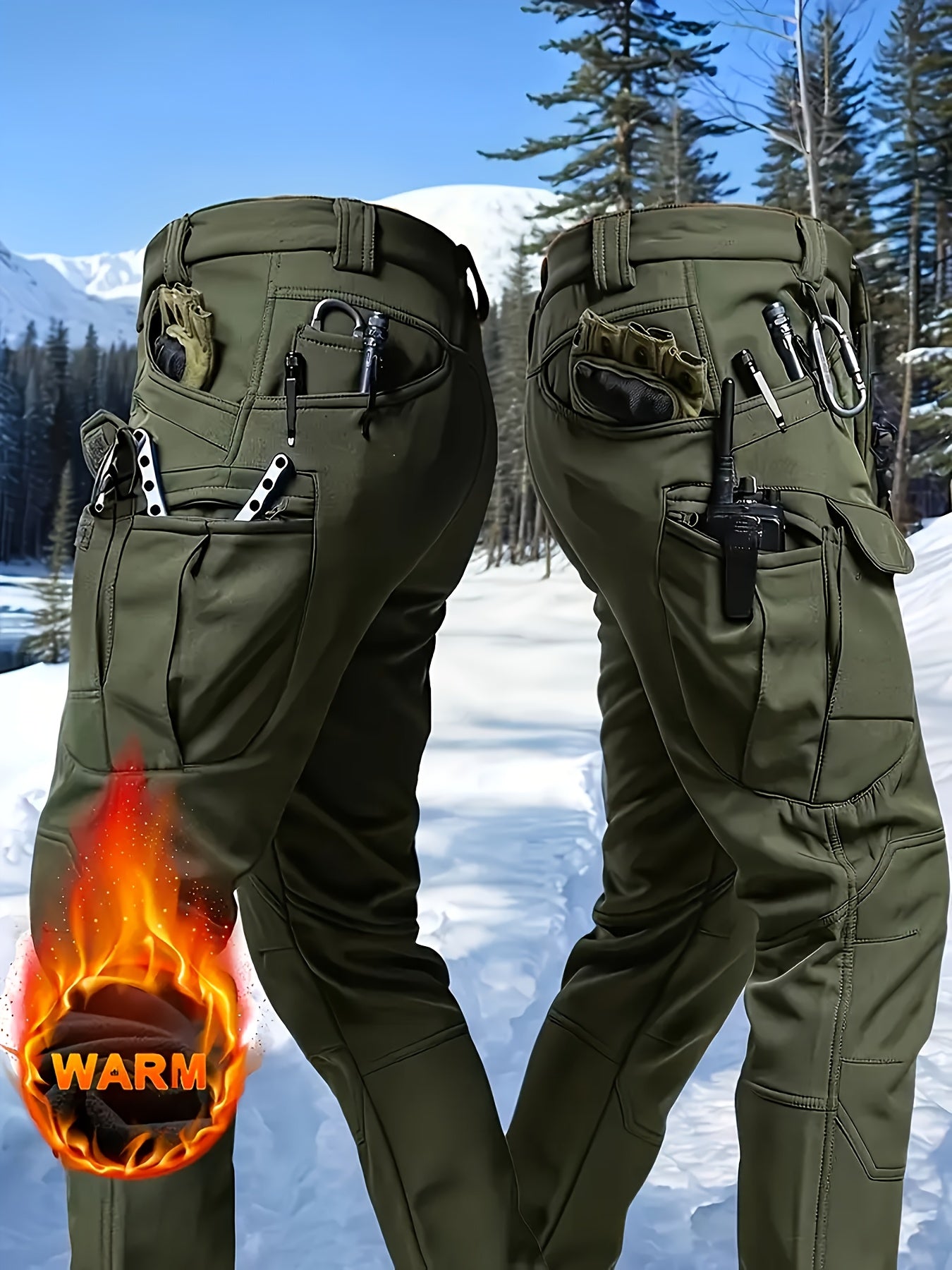 1PC Men's -Lined Thermal Tactical Cargo Pants, Heavyweight Winter Style, Multi-Pocket, High Quality, Windproof and Snowproof, -Lined Micro-Stretch Fabric, Suitable for Outdoor Hiking, Fishing, and Casual Outings, No Belt