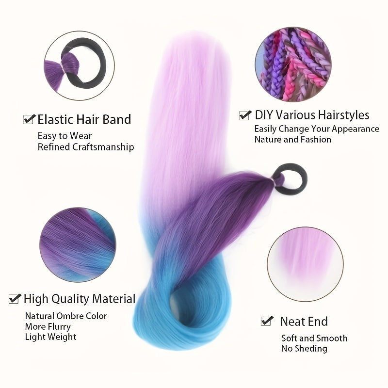 26 Inch Rainbow Synthetic Braided Hair Extensions - Luminous Twisted Hair with Vibrant Gradient Colors (Pink to Blue to Purple), Easy Clip-In for Women, Versatile Hairpiece for Parties & Casual Outfits, Party Hairpiece, Gradient Color Hair, Easy Clipin Ha