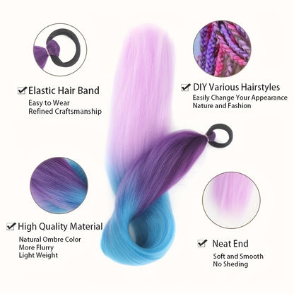 26 Inch Rainbow Synthetic Braided Hair Extensions - Luminous Twisted Hair with Vibrant Gradient Colors (Pink to Blue to Purple), Easy Clip-In for Women, Versatile Hairpiece for Parties & Casual Outfits, Party Hairpiece, Gradient Color Hair, Easy Clipin Ha