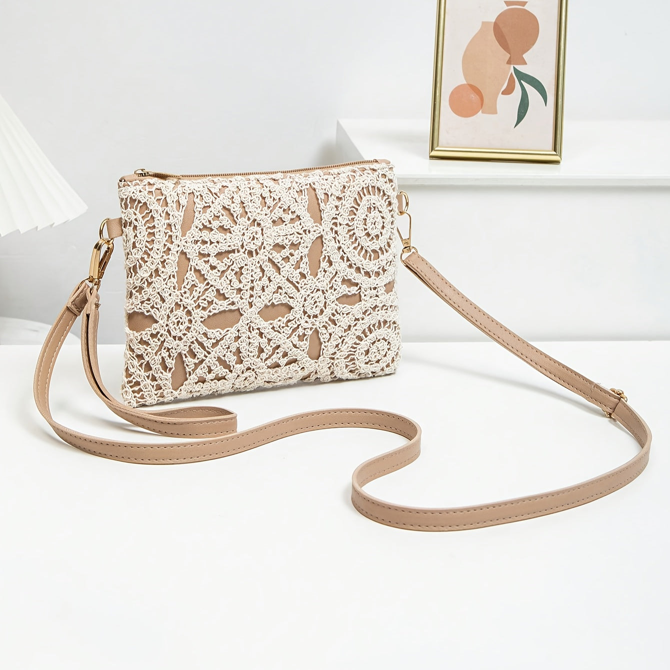 Elegant Lace Crossbody Bag, Intricate White Lace Patterns with Simple Nude Strap, Feminine Charm, Perfect for Spring and Summer, Complements Dresses or Casual Outfits, Not Washable