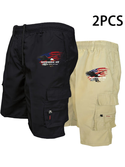 Men'S 2pcs Print Cargo Shorts Set with Zipper Pockets - Two-Piece American Flag & Eagle Design, Casual Sporty Style, Non-Stretch Fabric, Perfect for Independence Day Outfits