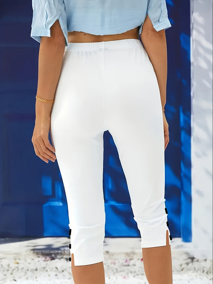 Women's Elegant Solid Color Capri Pants with Elastic Button Design - Machine Washable Non-See-Through Fabric, All-Season Versatile Casual & Formal Wear, Everyday Bottoms, Stylish Capris, Comfortable Fit, Stretchy Bottoms, Office Attire
