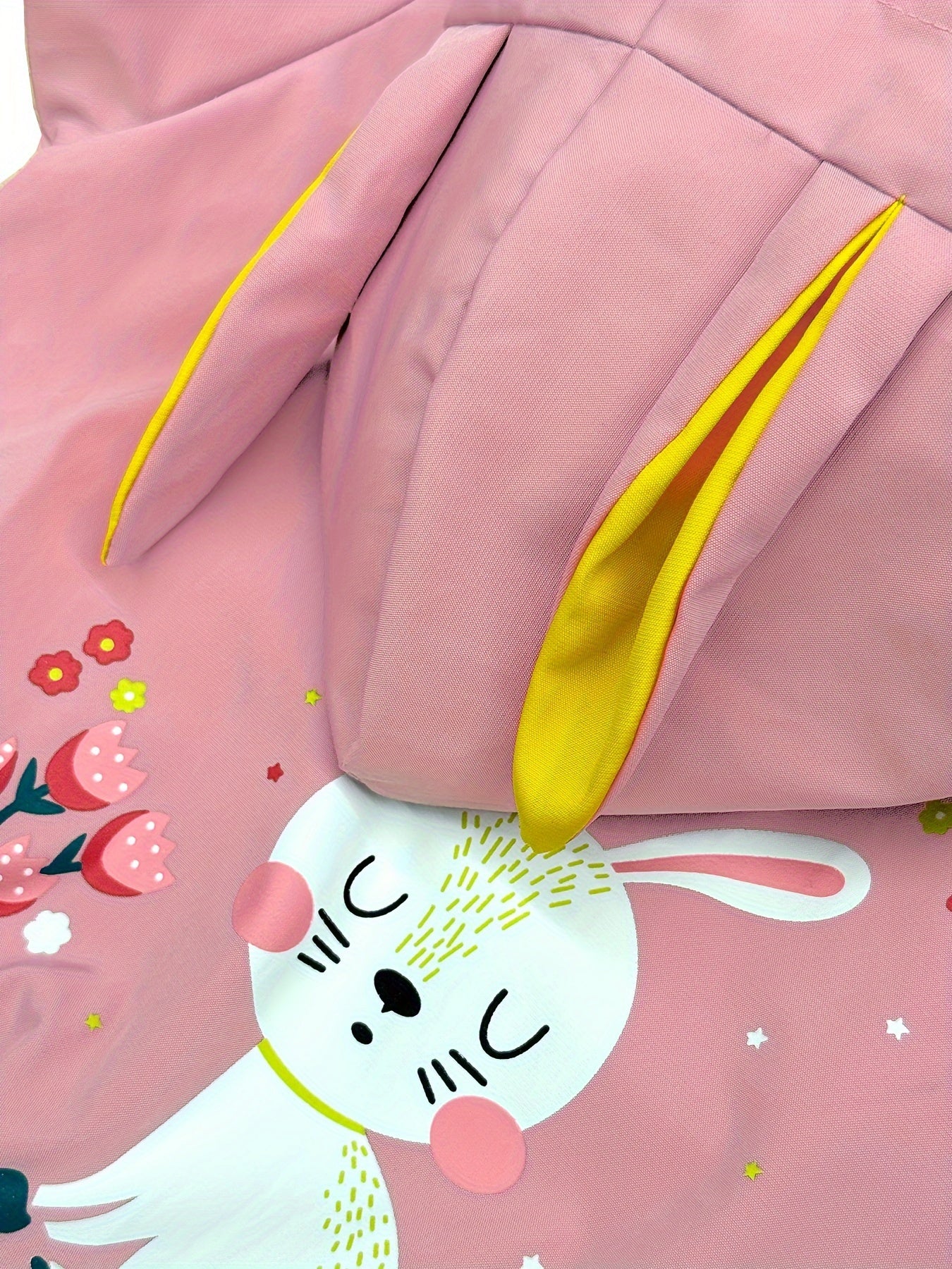 Girls' Yellow Bunny Print Hooded Jacket, Pink Bunny & Floral Accents, Lightweight Spring/Fall Coat, Zip-Up Front, Loose Fit Casual Outerwear for Everyday, Spring Outerwear