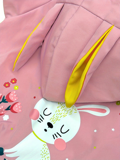 Girls' Yellow Bunny Print Hooded Jacket, Pink Bunny & Floral Accents, Lightweight Spring/Fall Coat, Zip-Up Front, Loose Fit Casual Outerwear for Everyday, Spring Outerwear