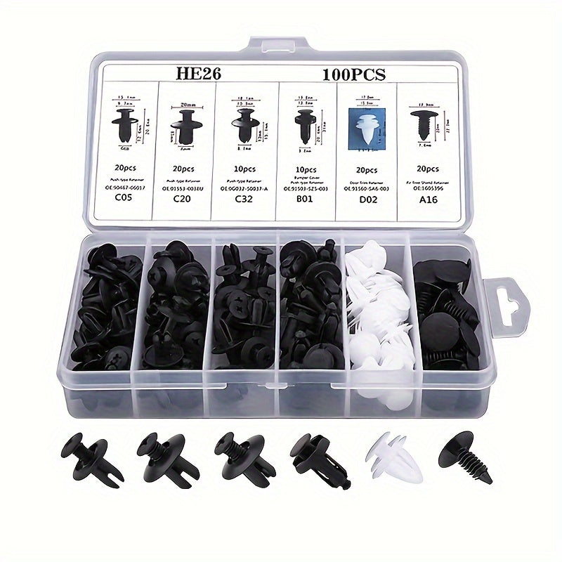 [Universal Car Fasteners] 100pcs Universal Plastic Fasteners for Cars | 6 Types of Plastic Screws
