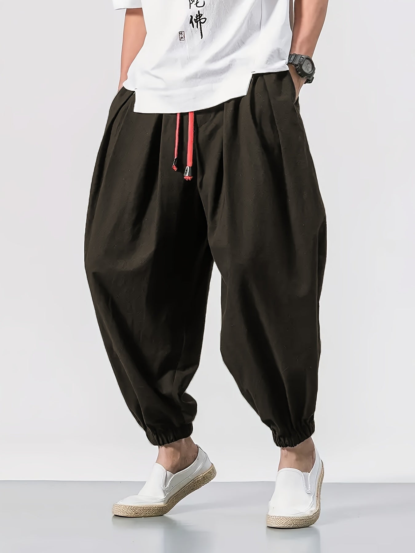 Men's Clothing, Men's Fashion Long Pants, Casual 100% Pure Material, Drawstring Hip-Hop Loose Pants, Outdoor