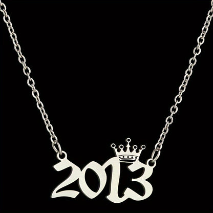 1 Elegant and Stylish Stainless Steel Polished Year Number Necklace, Unique Date Birthday Crown Pendant Necklace Gift for 1980-2024, Versatile Casual Attire Collarbone Chain Holiday Present