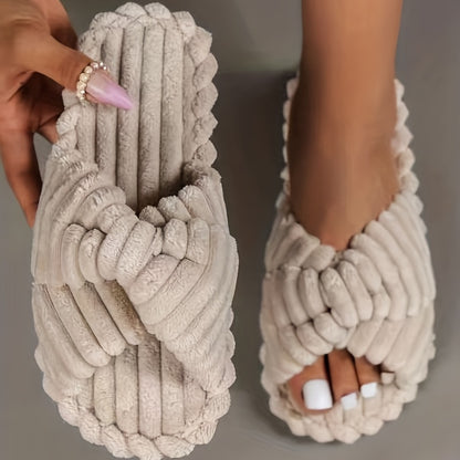 Women'S Cozy Fabric Slip-On Slippers with Braided Straps - Soft Beige Cross-Strap Design, Comfortable Home Shoes for All Seasons, Perfect for Relaxing at Home, Allseason Slippers | Braided Straps Slippers | Fabric Upper Slippers