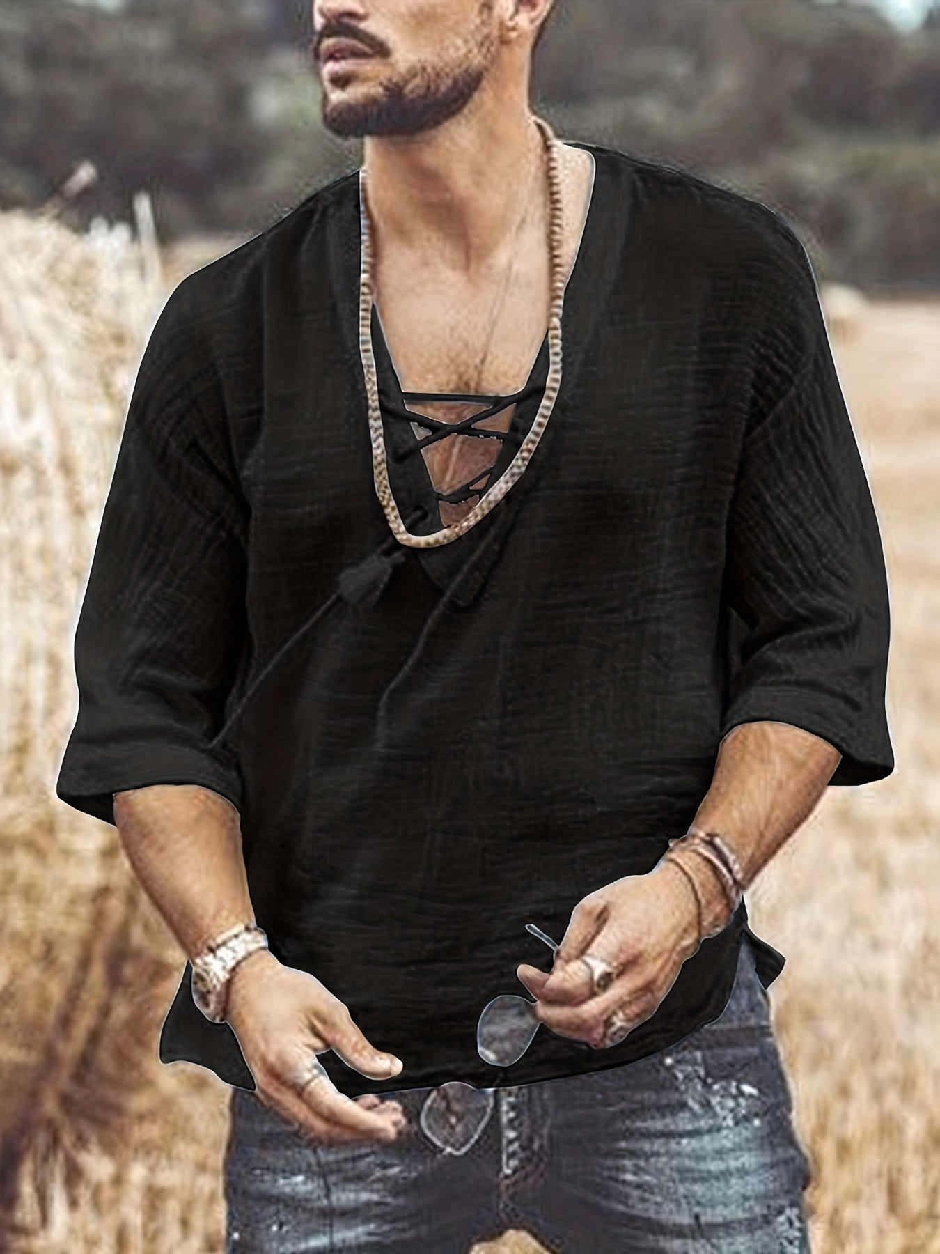 [Summer T-Shirt] Breathable Summer Men's V-Neck Short-Sleeve T-Shirt | Casual Fashion Solid Color Drawstring with Wrinkle Fabric