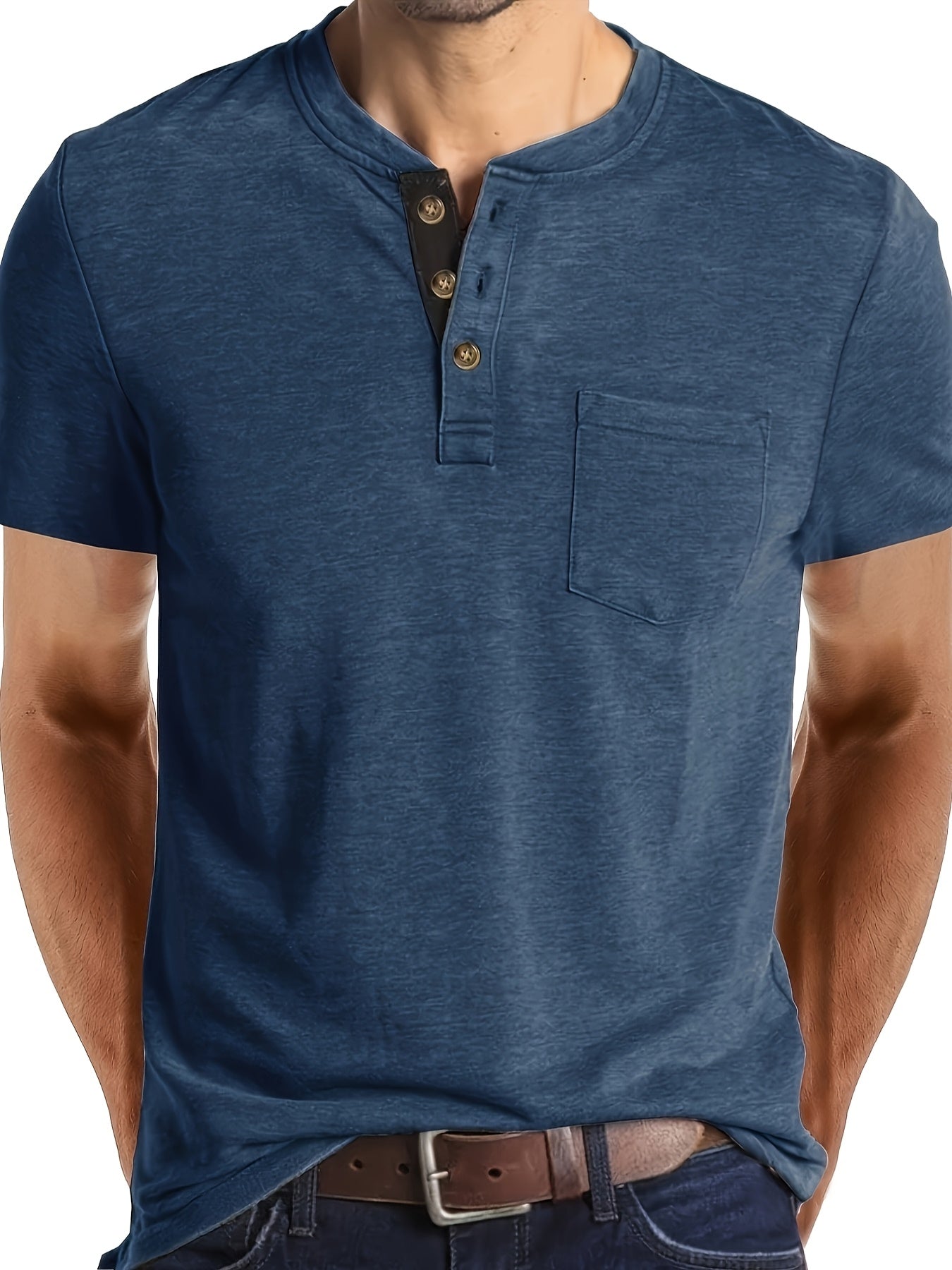 Men's Summer Casual Short Sleeve T-Shirt - Breathable Blend Round Neck Henley-Style Button Front, Semi-Sheer Fabric, Machine Washable Regular Fit for Outdoor & Casual Attire, Relaxed Style, Buttonfront Design, Easy Care, Buttonup Shirt, Warm Weather